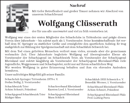 Nachruf Wolfgang Clüsserath